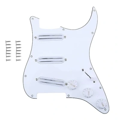 Imagen de Musiclily SSS Loaded Prewired Pickguard ST Golpeador Precableado Set con Hot Rail Humbucker Pastillas Format Single Coil para Fender Squier Strat Guitarra Eléctrica, 3 capas Blanco
