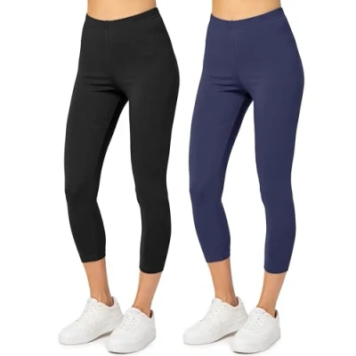 Imagen de Merry Style Leggins Deportivos para Mujer Pantalones Piratas Suaves Elásticos Leggings de Algodón 3/4 Mallas Confortables (2 Pack) MS10 199 (Negro/Azul Marino, XS)
