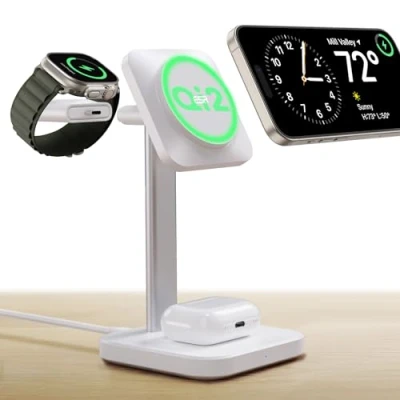 Imagen de ESR Estación Carga Inalámbrica Qi2 3 en 1, [Certificado] Cargador Apple Watch y Soporte MagSafe 15W iPhone, Múltiples Dispositivos, iPhone 16/15/14/13, Reloj AirPods 4, Blanco