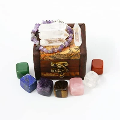 Imagen de Nvzi Conjunto de Cristales y Piedras Curativas en Caja Madera,Kit Gemas Cristales,7 Chakra,Cristales Naturales para Principiantes,Suministros Herramientas Brujería