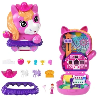 Imagen de Polly Pocket Poni rodeo Estuche, conjunto de juego y muñecos, juguete viaje con 1 muñequita, caballos, comida accesorios moda, JCR39