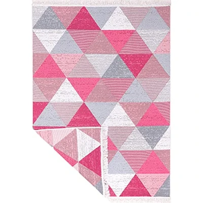 Imagen de Jimri Fashion4Home Alfombra de Pelo Corto Boho Kelim salón, Dormitorio y Cocina, Pasillo, diseño Cuadros, Color Rosa Claro, Saludos 160 x 230 cm