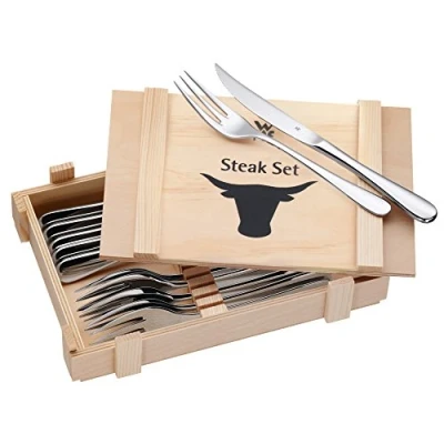 Imagen de WMF Steak Cubertería para Carne en Caja de Madera, 6 Tenedores y Cuchillos monobloque Acero Inoxidable