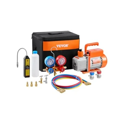 Imagen de VEVOR 4,5 CFM Bomba de Vacío y Manómetro Aire Acondicionado 1 Etapa Kit Colector Refrigerante con Mangueras para R134a,R12,R22,R502a,R410A,R404,R407C