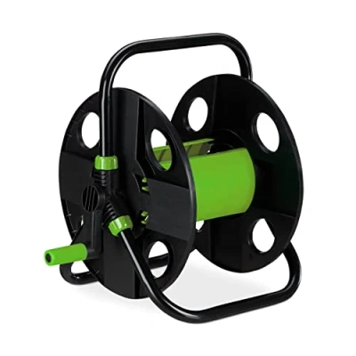 Imagen de Relaxdays Tambor 30 m, Acero, plástico, Soporte de Manguera pie, HBT 38 x 42 31 cm, Color Negro y Verde Portamangueras, 1/2&quot;, Enrollamangueras
