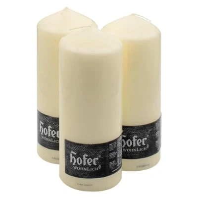 Imagen de Hofer Velas cilíndricas de columna Larga duración: aproximadamente 80 horas Juego 3 velas, 8 x 20 cm, color marfil cera antigoteo