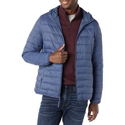 Imagen de Amazon Essentials Chaqueta Acolchada con Capucha, Plegable, Ligera y Resistente al Agua Hombre, Añil, XL