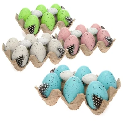 Imagen de com four® 24x Huevos de Pascua Decorativos con Plumas Decoración en Cartón Aspecto Natural Cuatro Colores Pastel