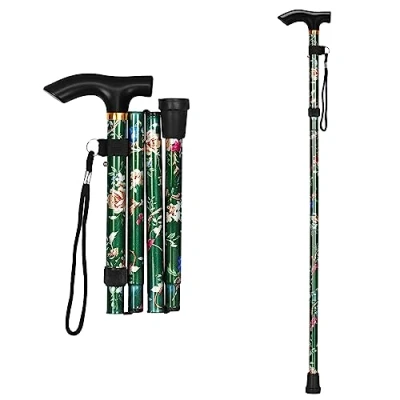 Imagen de supregear Bastón Plegable, 5 Niveles Altura Ajustable Ligero Portátil de Viaje con Pulsera y Mango en T para Hombres Mujeres Discapacidad Edad Avanzada (Floral Verde)