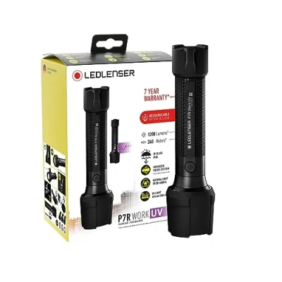 Imagen de Ledlenser P7R Work UV LED recargable con linterna auxiliar, superbrillante 1200 lúmenes, resistente al agua, detección de manchas, 365 nm, búsqueda profesional, batería