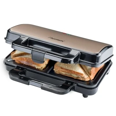 Imagen de Bestron XL Sandwichera, Sandwichera tostadora con recubrimiento antiadherente para 2 sandwiches, incl. control automático de temperatura e indicador listo, 900 vatios, color: Beige claro