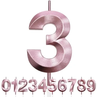 Imagen de Número 3 Vela de Cumpleaños con Purpurina oro rosa y Diseño 3D, Velas Números, Decoración Tarta, Tarta para Fiesta Cumpleaños, Aniversario Boda,