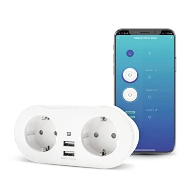 Imagen de Garza Smart, Enchufe WiFi doble inteligente con 2 tomas y puertos USB, programable, 2.4 GHz, medidor de consumo, control remoto por app voz Alexa/Google, color blanco