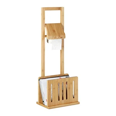 Imagen de Relaxdays Soporte de papel higiénico con sitio para periódicos, bambú, conjunto pie, revistero, 81,5 x 30,5 21 cm, natural