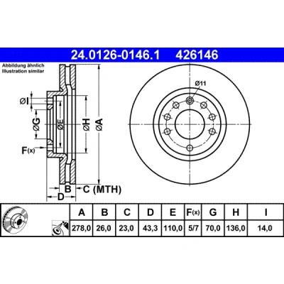 Imagen de ATE 24.0126 0146.1 Disco de freno 278,0 26,0 5 110,0 ventilado revestido aleado/alt. carburado OPEL: Corsa D Hatchback