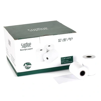Imagen de Supfive papel Termico Datafono 57x40mm (50 rollos) Rollo térmico 19.5m para todos los TPV y máquinas de tarjetas Crédito Sin BPA