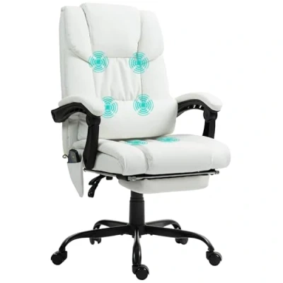 Imagen de Vinsetto Silla de Oficina con Masaje 6 Puntos Escritorio Giratoria Respaldo Alto Reclinable Altura Ajustable Reposapiés y Mando a Distancia Blanco