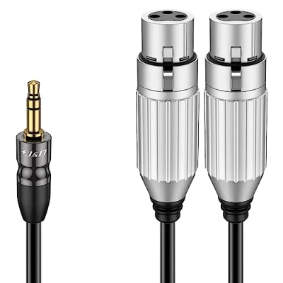Imagen de J&amp;D 3.5mm (1/8) Macho a Doble XLR Hembra Cable, Cable Adaptador de Audio Estéreo No Balanceado 2 1/8 TRS para Portátil Micrófono DSLR Cámara, 1,8 m