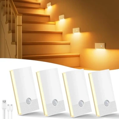 Imagen de Swoieltr Luz Nocturna con Sensor de Movimiento, 4 Piezas Recargable Infantil 3 Modos, Noche LED para Escaleras,Pasillo,Baño,Cocina, Habitaciones niños,Blanco