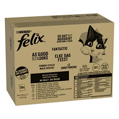 Imagen de Purina Felix Fantastic Comida Húmeda para Gato Adulto Pack Surtido Carnes, 120 Sobres de 85g