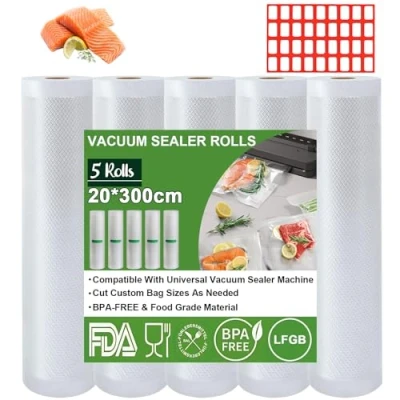 Imagen de Omtofo bolsas de envasado al vacío, 5 rollos, 20 x 300cm/rollo, vacío para alimentos, sin BPA, 150 µm, rollo lámina todas las envasadoras microondas y sous