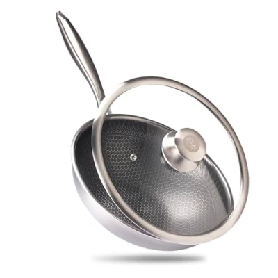 Imagen de Reishunger Wok Premium de acero inoxidable 28 cm diámetro con tapa cristal para todo tipo fuegos, apto inducción, estructura panal revestimiento antiadherente
