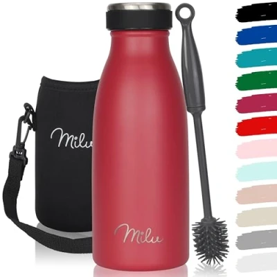 Imagen de Milu Botella de acero inoxidable, 350, 500, 750 ml, 1 l, 1,5 termo a prueba fugas, doble pared, apto para bebidas con gas, niños y adultos, incluye cepillo limpieza, rojo, 350 ml