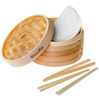 Imagen de Vaporera de Bambú 25cm para Arroz, Dim Sum, Verduras, Carne, Pescado Bambu Cocinar al Vapor con 2 Pisos, Pares Palillos Reutilizable, Pinzas, 50 Papeles