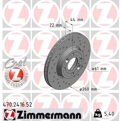Imagen de ZIMMERMANN SPORT COAT Z 470.2416.52 Disco de freno 260 22 6/4 4 100 ventilación externa, perforado revestido altamente carbonizado RENAULT: MEGANE 2