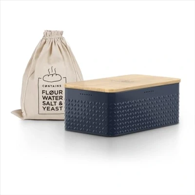 Imagen de LARS NYSØM Panera I Recipiente para Pan con Bolsa incluida Hecha de Lino Caja Tapa bambú Adaptable como Tabla Cortar (Midnight Blue)