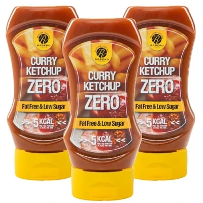 Imagen de Rabeko Zero Sauce ketchup al curry, 3 x 350 ml sin azúcar y bajo en grasas productos saludables, bajos carbohidratos calorías para ensaladas, patatas fritas, hamburguesas