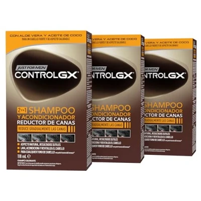 Imagen de Just For Men Control GX Champú Y Acondicionador Para Canas Hombre, Reduce Gradual Permanentemente El Cabello Gris en Cada Lavado, Todos Los Tonos, 118ml (3 Pack)