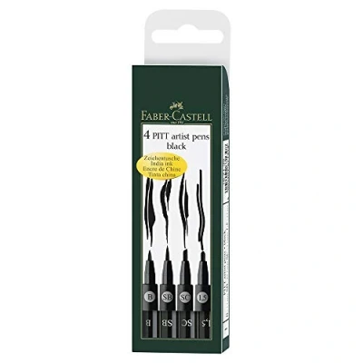 Imagen de Faber Castell 167139 rotuladores PITT® Clásicos. Estuche 4 Clásicos color negro, surtido de puntas (B, SB, SC y 1,5).