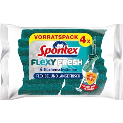 Imagen de Spontex Flexy Fresh x4 Esponja de Limpieza eficiente con protección antibacteriana, Flexible, Larga duración, sin arañazos, 1 x 4 Unidades