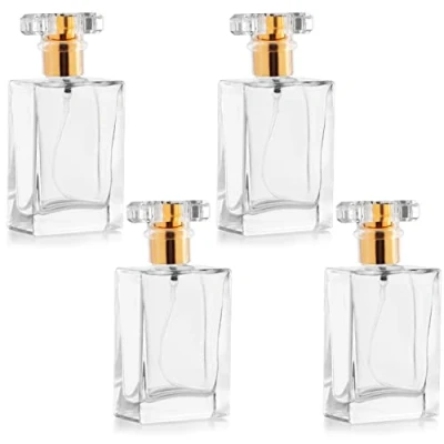 Imagen de BELLE VOUS Pack de 4 Frascos para Perfume Vidrio Transparente 50 ml Botella Cuadrada Atomizador Recargable Dorado Bote Spray Viajes, Aceites Esenciales, Colonia, Loción After Shave