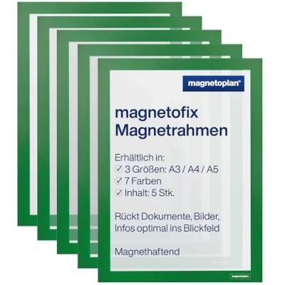 Imagen de magnetoplan Magnetofix marco magnético autoadhesivo A4, 5 unidades, soporte para documentos, resistente al agua señalización, plegable, color verde