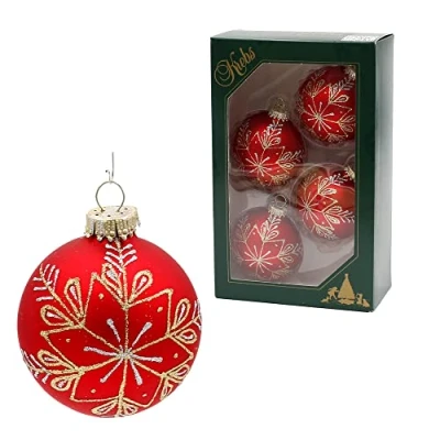 Imagen de Lauschaer Juego de 4 Bolas Navidad en Rojo Mate, Decoradas a Mano con Purpurina, decoración Oro y Plata, Corona Oro, tamaño Aprox. 10 cm