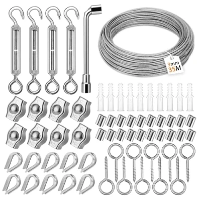Imagen de USHOP 35m Cable de Acero Inoxidable,Cable alambre Acero,Kit cuerda con tensores alambre,Tensor para Colgar Plantas Trepadoras, Tendedero Exterior, Lámpara Colgante