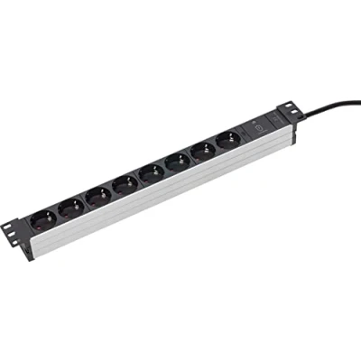 Imagen de as Schwabe Regleta de enchufes 8 vías RACK 19&quot;, para montaje universal en armarios red 19 pulgadas, carcasa aluminio, cable revestido plástico 2 m, disposición 45 negro