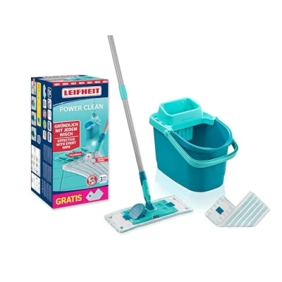 Imagen de Leifheit Set POWER CLEAN M con mopa fregasuelos para limpiar sin agacharse, prensa escurrir, cubo grande de 10 L y 2x fundas microfibra, fregona Click System