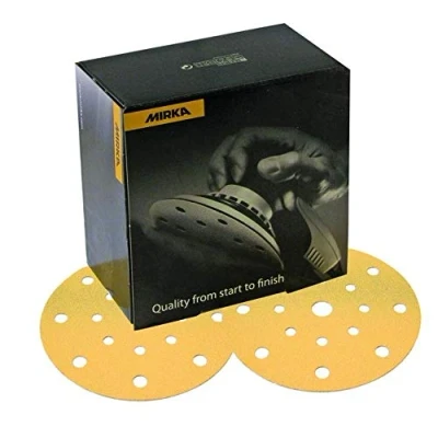 Imagen de Mirka Gold Papel de lija universal Ø 150mm Discos con velcro 15 agujeros, grano P800, 100 piezas / Para lijar yeso, masilla, aglomerado, madera, barniz
