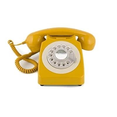 Imagen de GPO 746 Teléfono fijo de disco con estilo retro los años 70 Cable en espiral, Timbre auténtico Mostaza