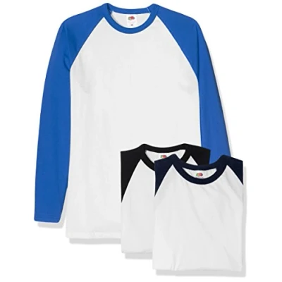 Imagen de Fruit of the Loom Baseball Classic Long Sleeve Camiseta, Blanco, Negro, Azul Marino, Blanco y Real, M (Pack de 3) para Hombre