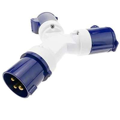 Imagen de BeMatik Enchufe Industrial Adaptador CETAC Macho a 2 x Hembra 2P+T 16A 250V IP44 IEC 60309