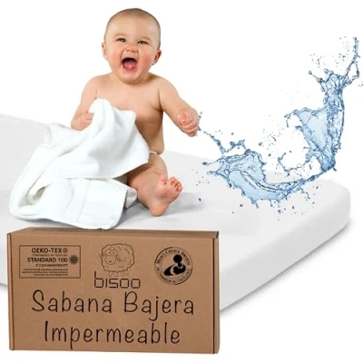 Imagen de Bisoo Sabanas Bajeras Cuna Algodon Impermeables Protector Colchon con Capa de Jersey Certificado Oeko Tex para Bebe Ajustable Blanca 120x60 cm