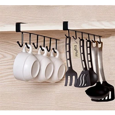 Imagen de EigPluy 2pcs Tazas Vasos de Vino Almacenamiento Ganchos Utensilios Cocina Lazos Cinturones y Bufanda Colgando Gancho Soporte Rack Debajo del Gabinete Armario sin Perforación,Negro