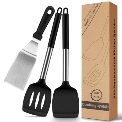 Imagen de espátula de silicona, 2 unidades, cocina, calor plástico sin BPA, juego utensilios cocina color negro,