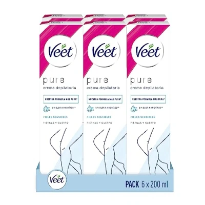 Imagen de Veet Crema Depilatoria Corporal para Mujer con Aloe Vera y Vitamina E, Pieles sensibles, 6 x 200 ml, hasta 20 Semanas de Suavidad
