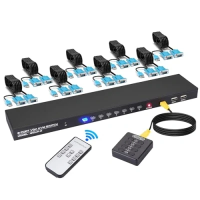 Imagen de DGODRT Conmutador KVM VGA USB, HDMI Switch 8 Puertos con Cables KVM, para Compartir Ratón, Teclado, Impresoras, Escáner