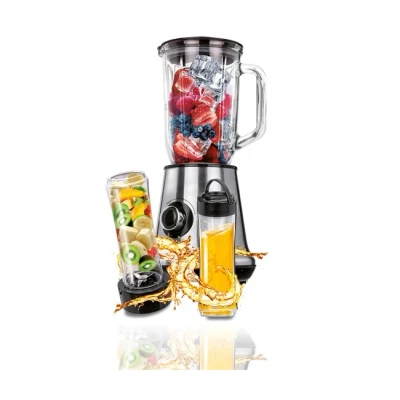 Imagen de MPM MBL 15M Batidora de Vaso, Jarra 1 Litro, para Smoothie, 2 Botellas Smothie To Go 0,6 Litros, sin BPA, Velocidades + Función Pulso, Pica Hielo, Cuchillas Acero Inoxidable, 450W